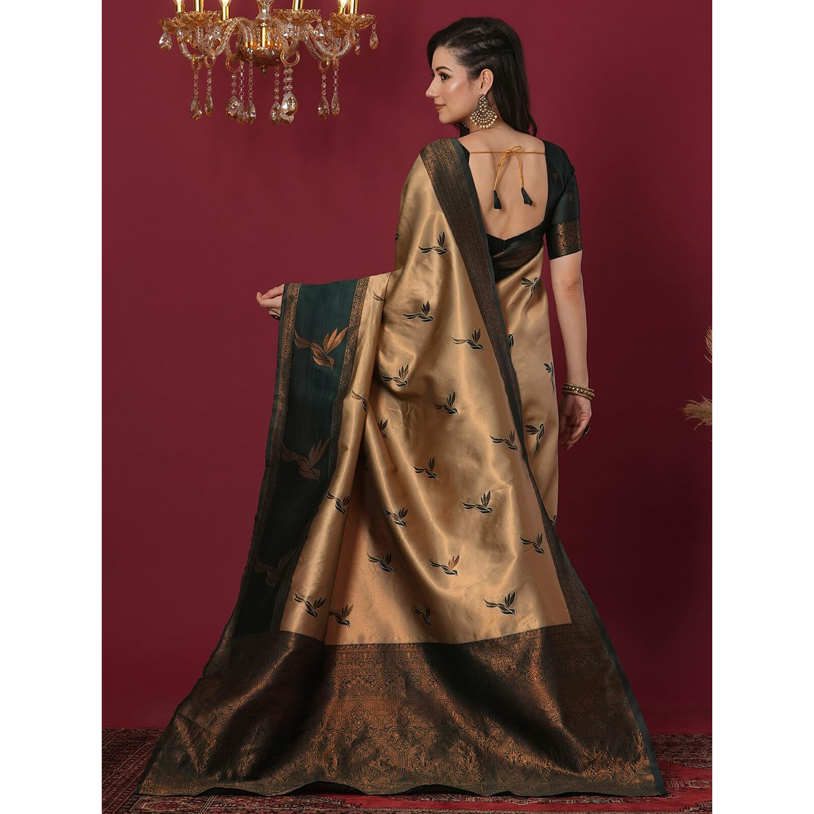 Satrani Women's Silk Blend Banarasi Jacquard Saree With Unstitched Blouse Piece (4071S217N_Beige & Copper & Dark Green)