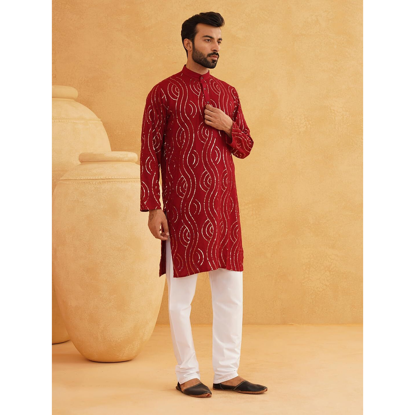 Sojanya (Since 1958 Men's Pure Cotton Maroon Designer Kurta And White Churidar Pyjama Set