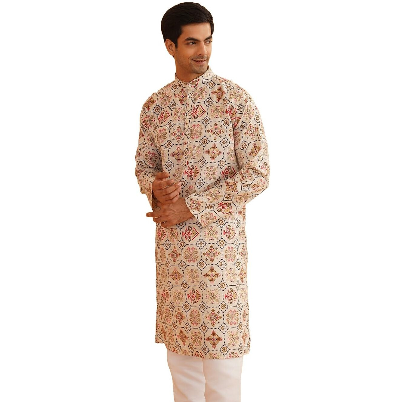 Sojanya (Since 1958 Men's Cotton Blend Printed Cream Only Long Kurta
