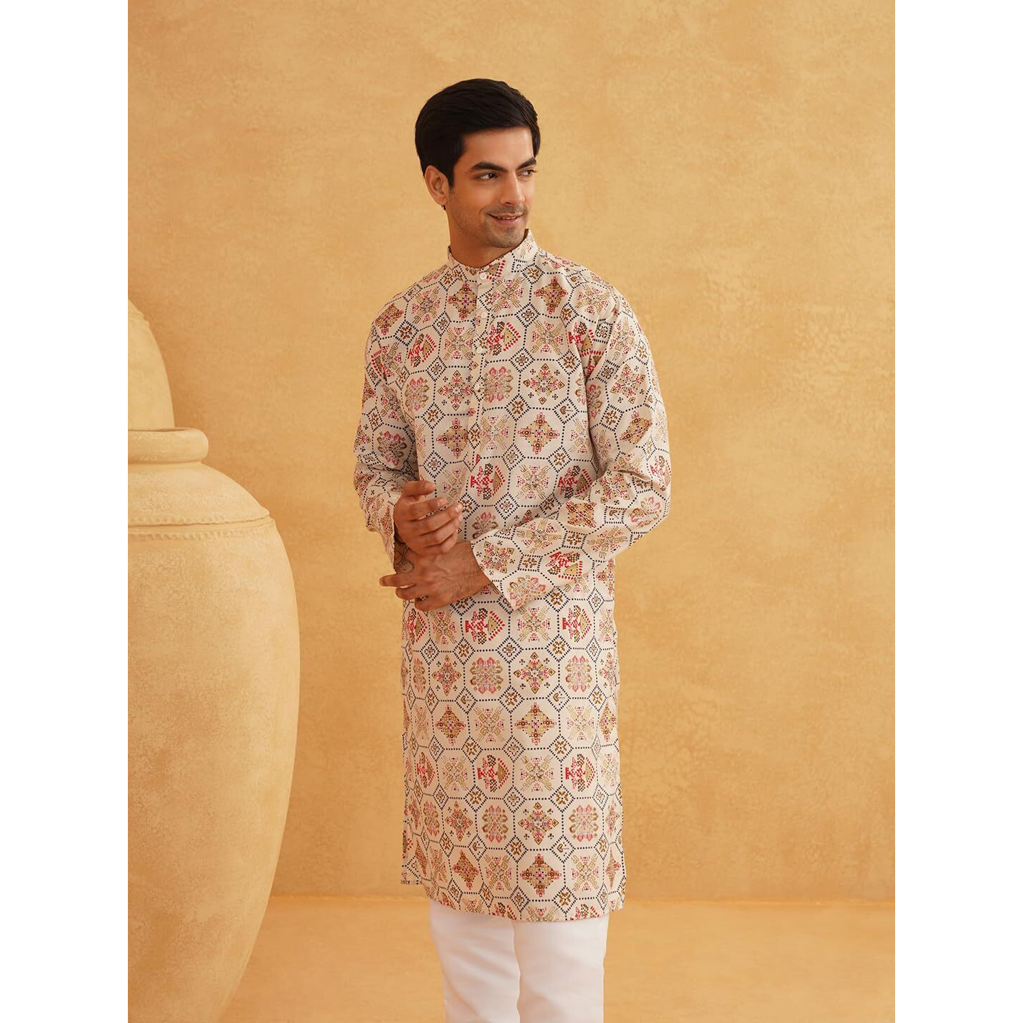 Sojanya (Since 1958 Men's Cotton Blend Printed Cream Only Long Kurta