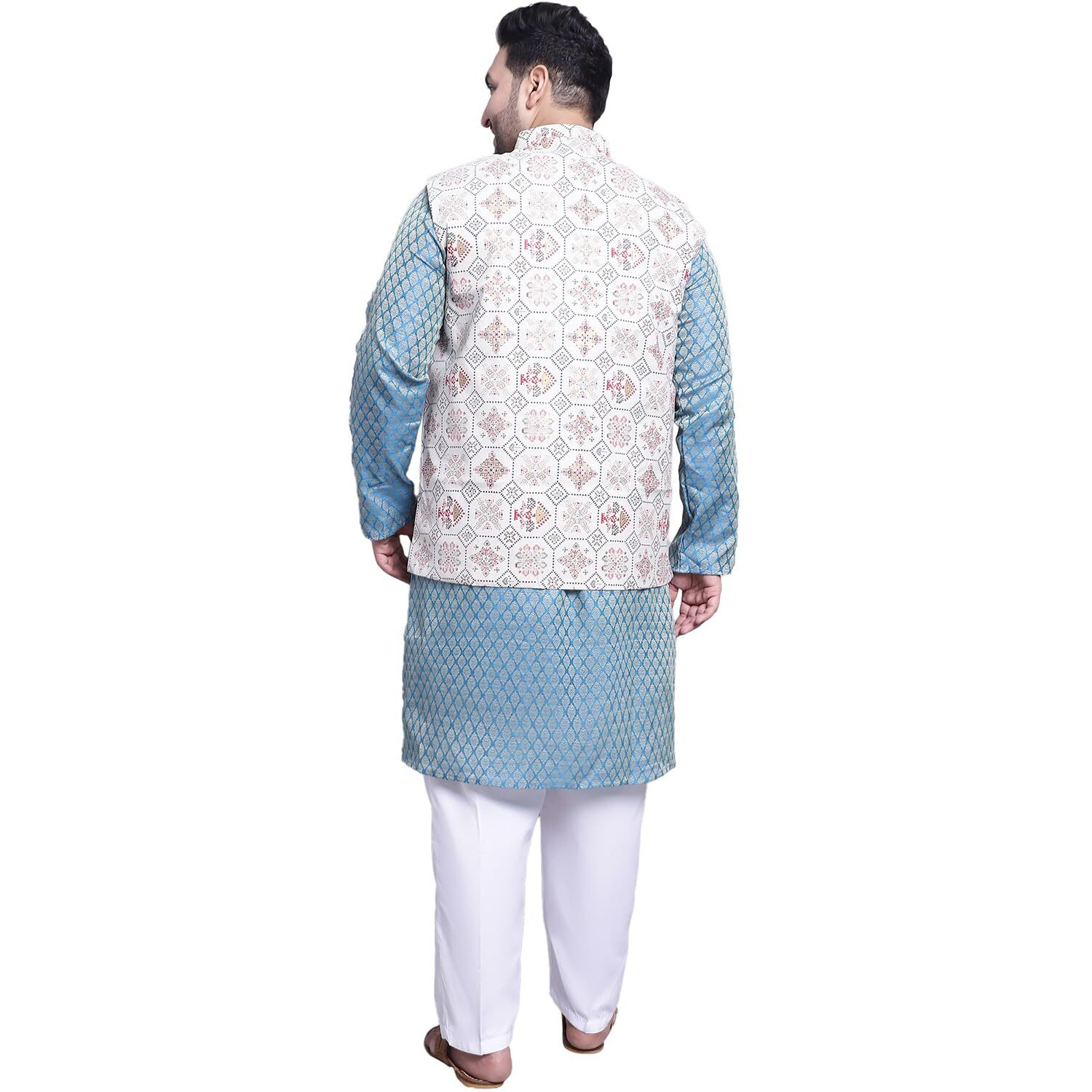 Sojanya (Since 1958 Men's Silk Blend Pblue Kurta & Cream Printed Nehrujacket With White Pyjama