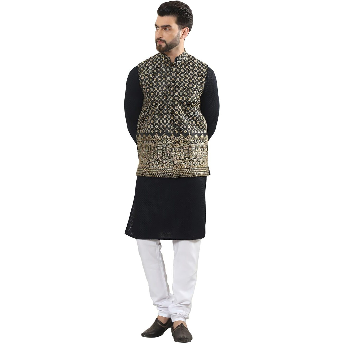 Sojanya (Since 1958 Men's Pure Cotton Black Kurta And White Pyjama With Black Nehru Jacket