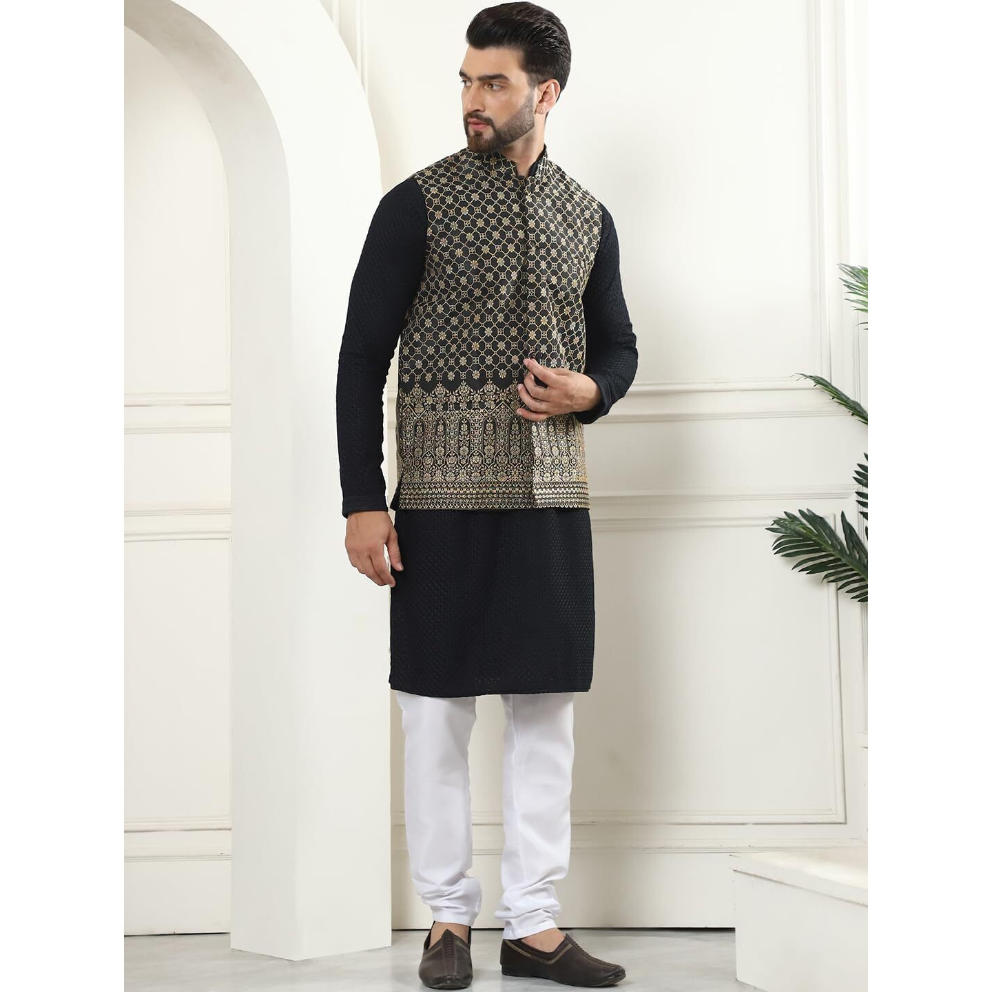 Sojanya (Since 1958 Men's Pure Cotton Black Kurta And White Pyjama With Black Nehru Jacket