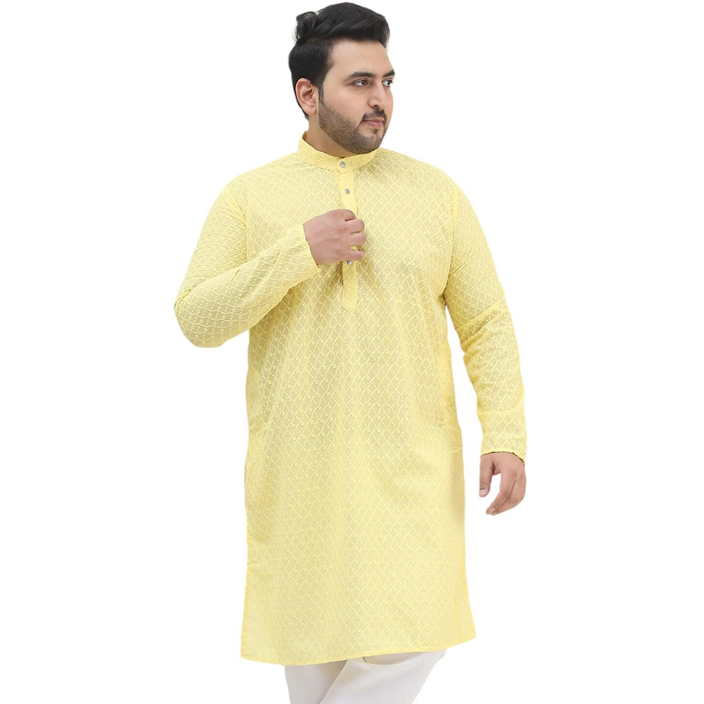 Sojanya Plus(Since 1958) Men's 100% Cotton Yellow Chikankari Kurta