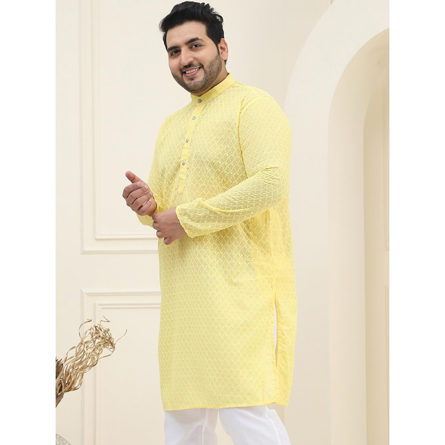 Sojanya Plus(Since 1958) Men's 100% Cotton Yellow Chikankari Kurta