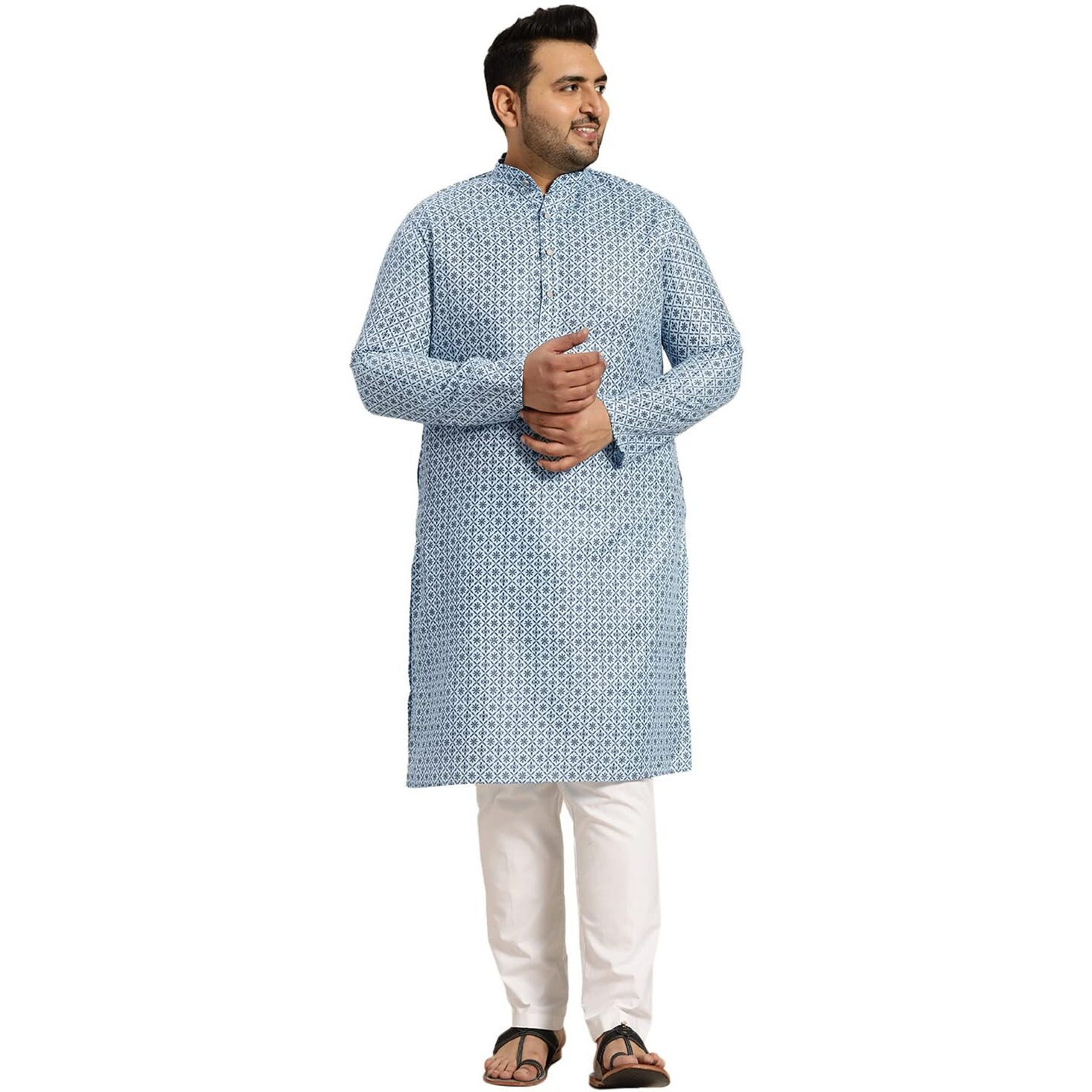 Sojanya Plus (Since 1958) Men's Cotton Linen Blue Foil Printed Kurta And White Pyjama Set