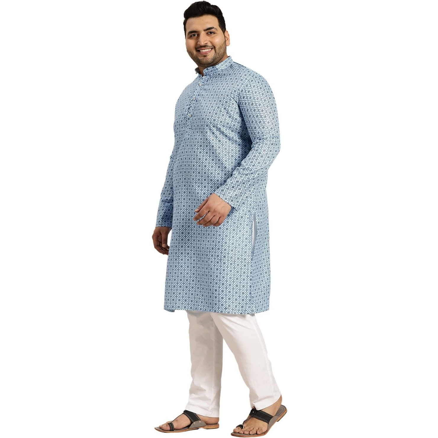 Sojanya Plus (Since 1958) Men's Cotton Linen Blue Foil Printed Kurta And White Pyjama Set
