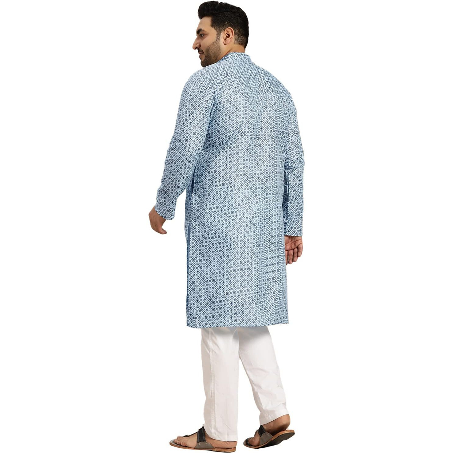 Sojanya Plus (Since 1958) Men's Cotton Linen Blue Foil Printed Kurta And White Pyjama Set