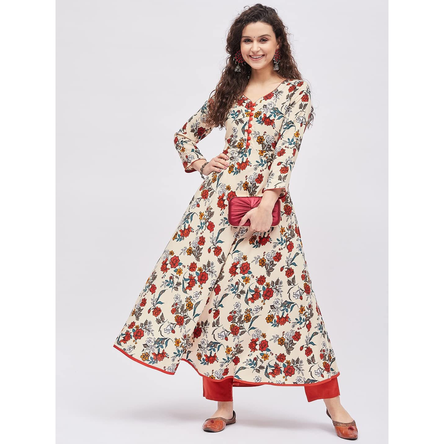 Tissu Women's Rayon Cream & Orange Floral Printed A-Line Kurta 2221_Cream_Xxl