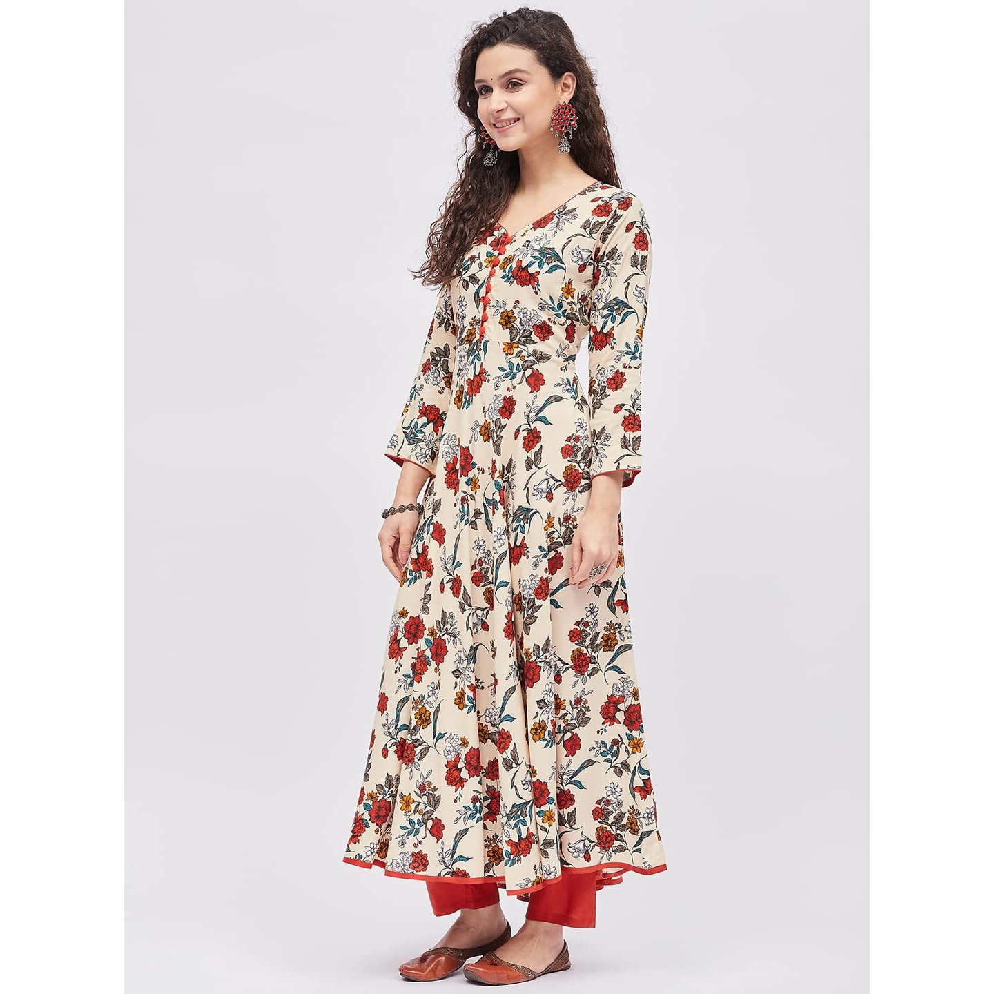Tissu Women's Rayon Cream & Orange Floral Printed A-Line Kurta 2221_Cream_Xxl