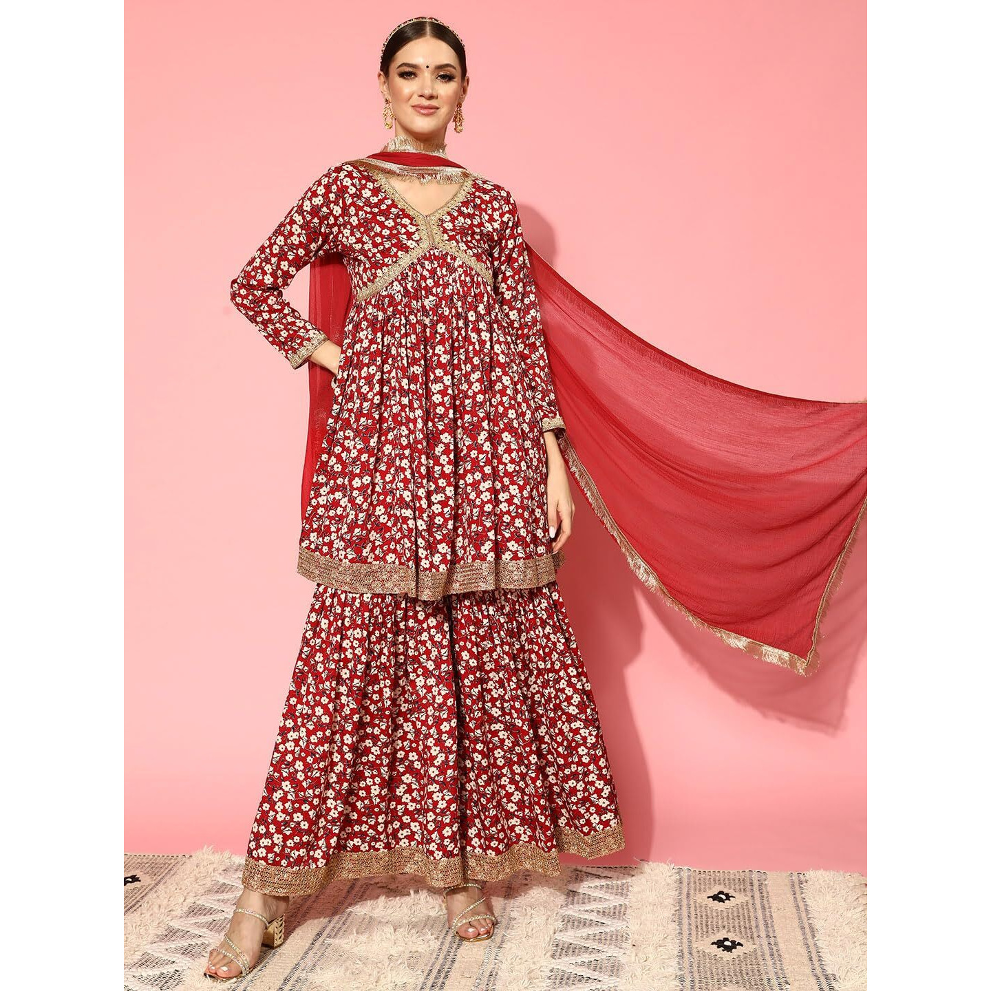 Varanga Women Pink Floral Printed Short Kurta Paired With Tonal Sharara And Dupatta
