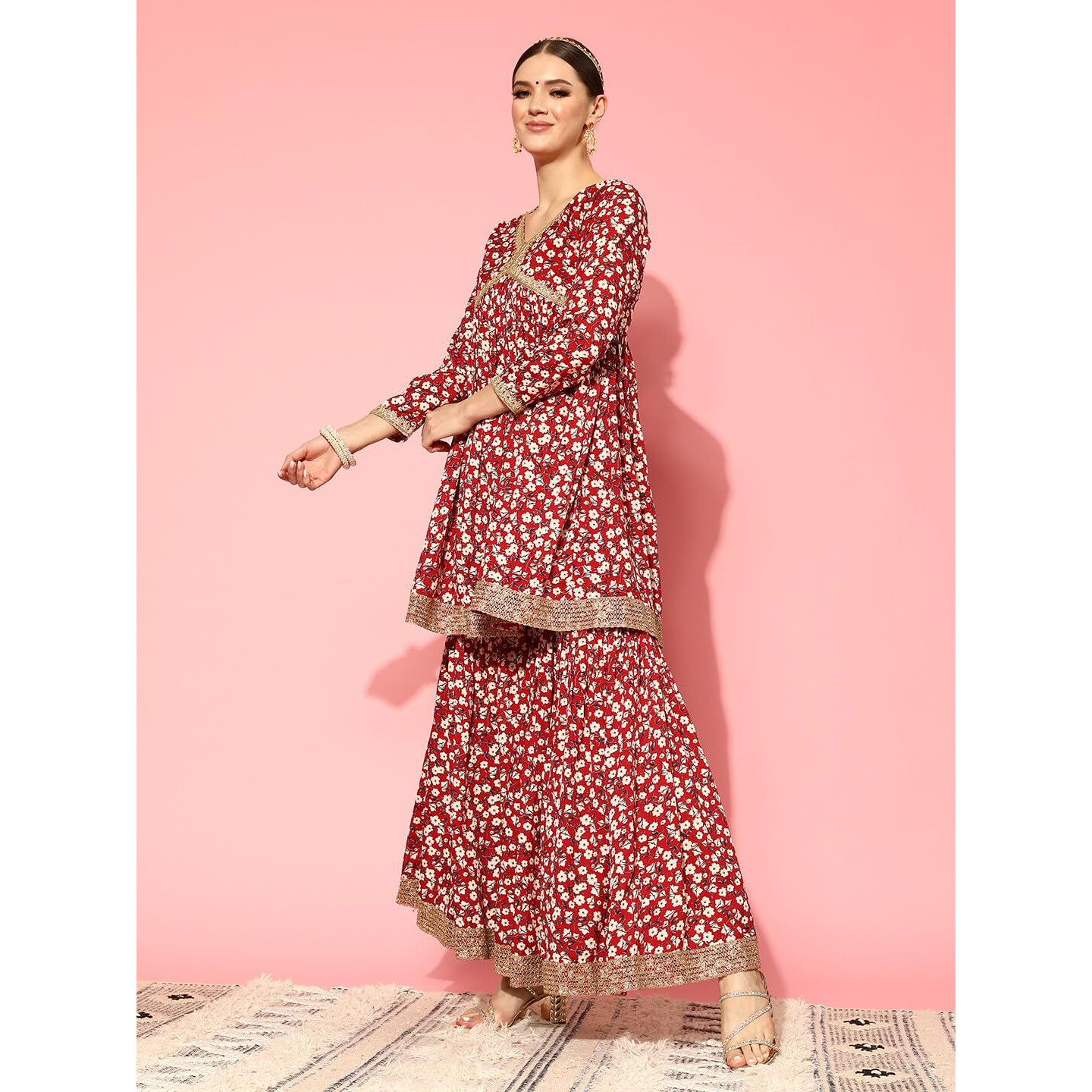 Varanga Women Pink Floral Printed Short Kurta Paired With Tonal Sharara And Dupatta
