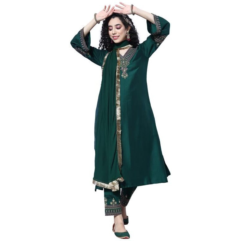 Varanga Women Blue Floral Printed Mandarin Collar Straight Kurta With Three-Quarter Sleeves, Paired With Solid Bottom And Printed Dupatta