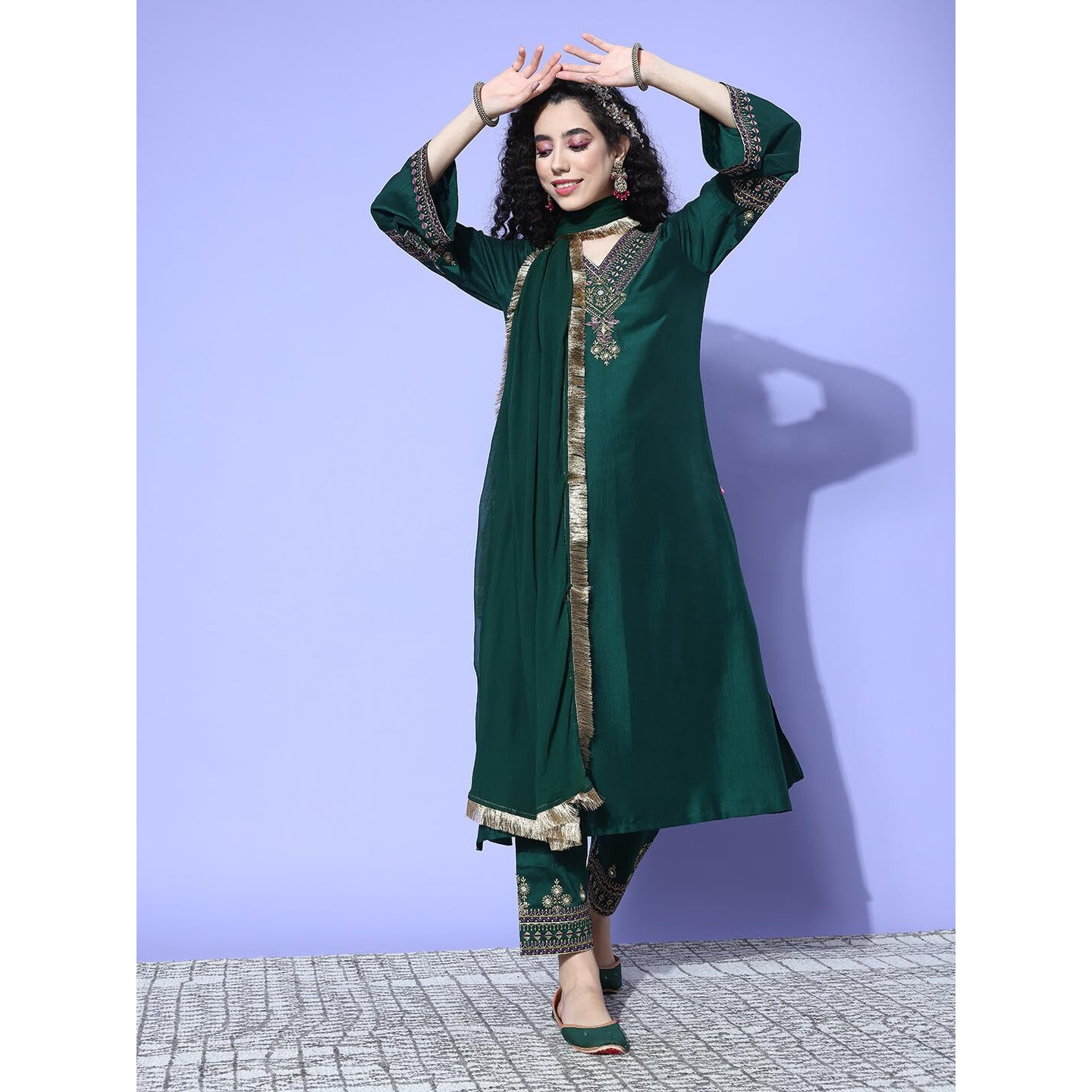 Varanga Women Blue Floral Printed Mandarin Collar Straight Kurta With Three-Quarter Sleeves, Paired With Solid Bottom And Printed Dupatta