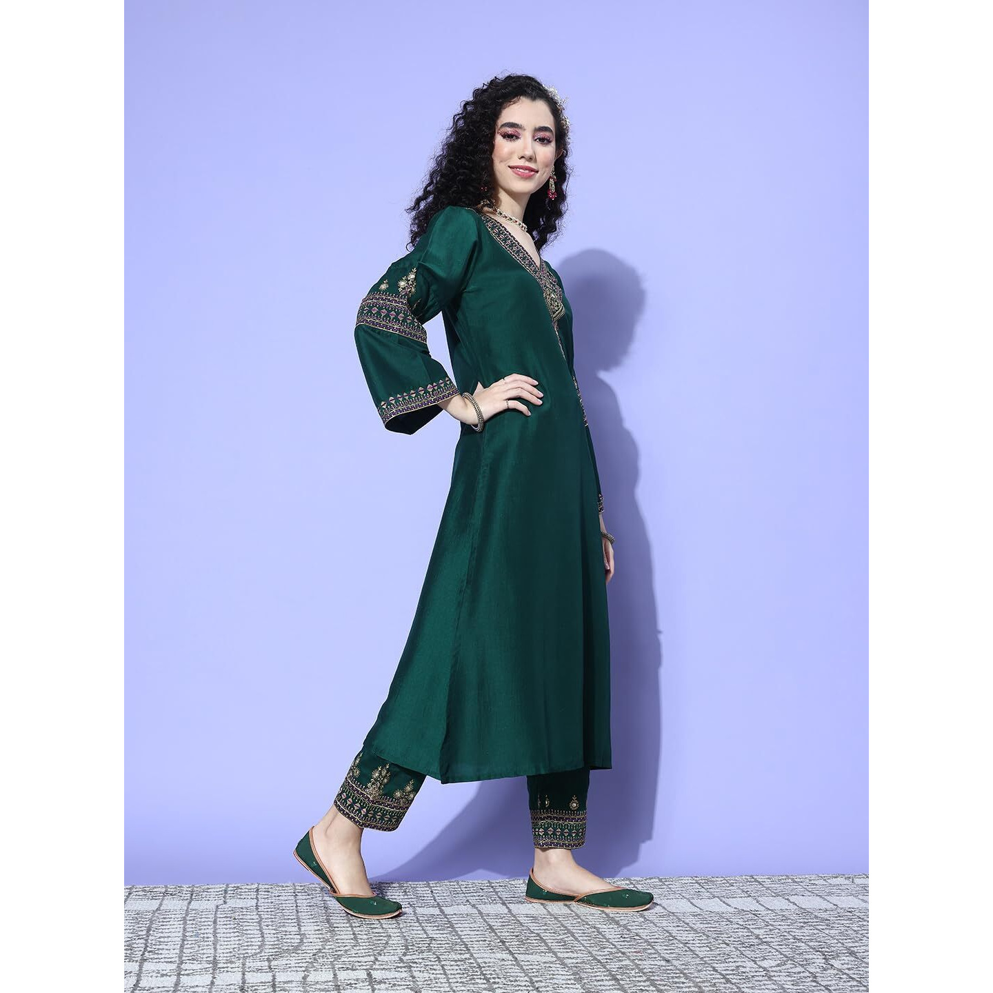 Varanga Women Blue Floral Printed Mandarin Collar Straight Kurta With Three-Quarter Sleeves, Paired With Solid Bottom And Printed Dupatta