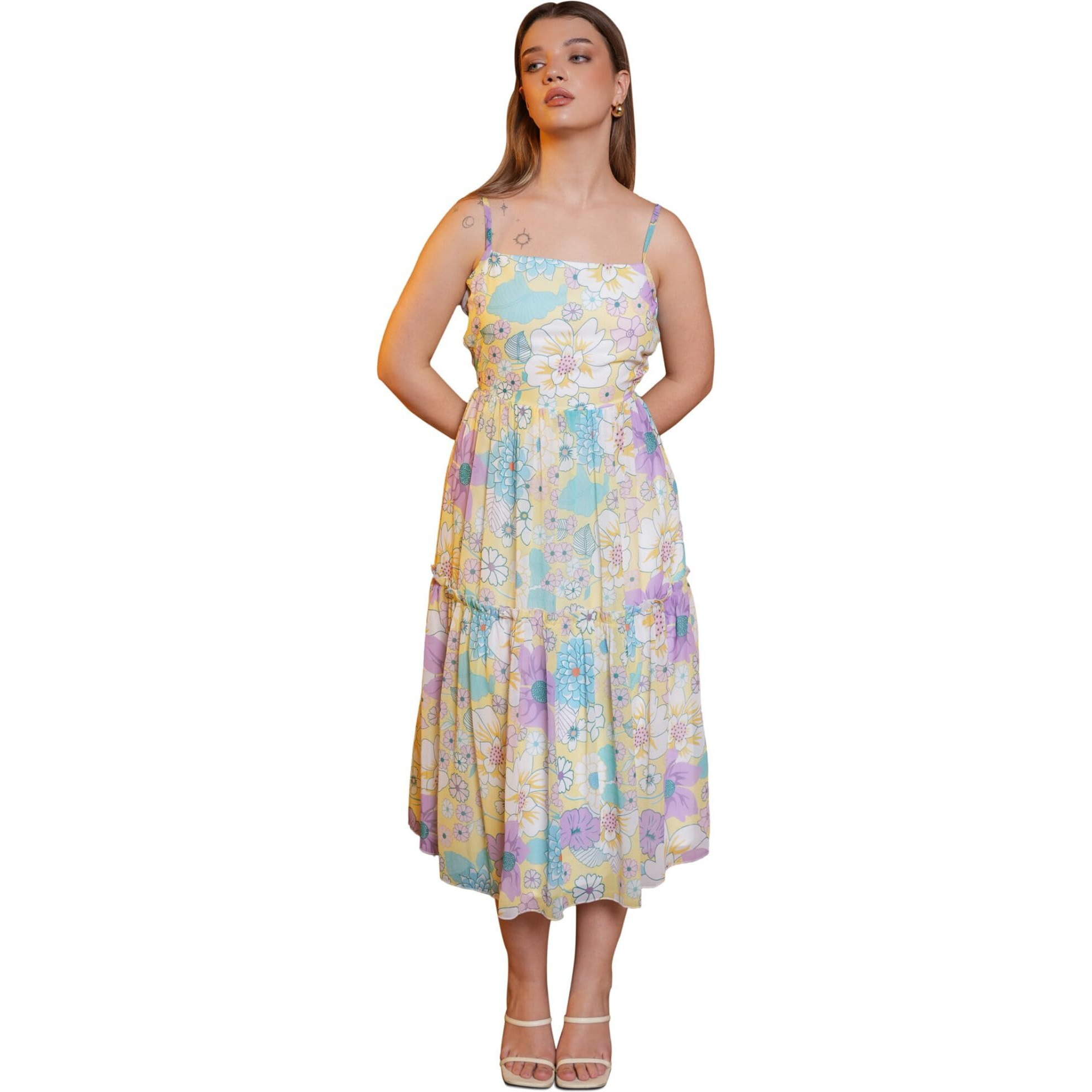 Purvaja Womens Fit & Flare Below Knee Length Dress (Floe-005_Yellow_X-Large)