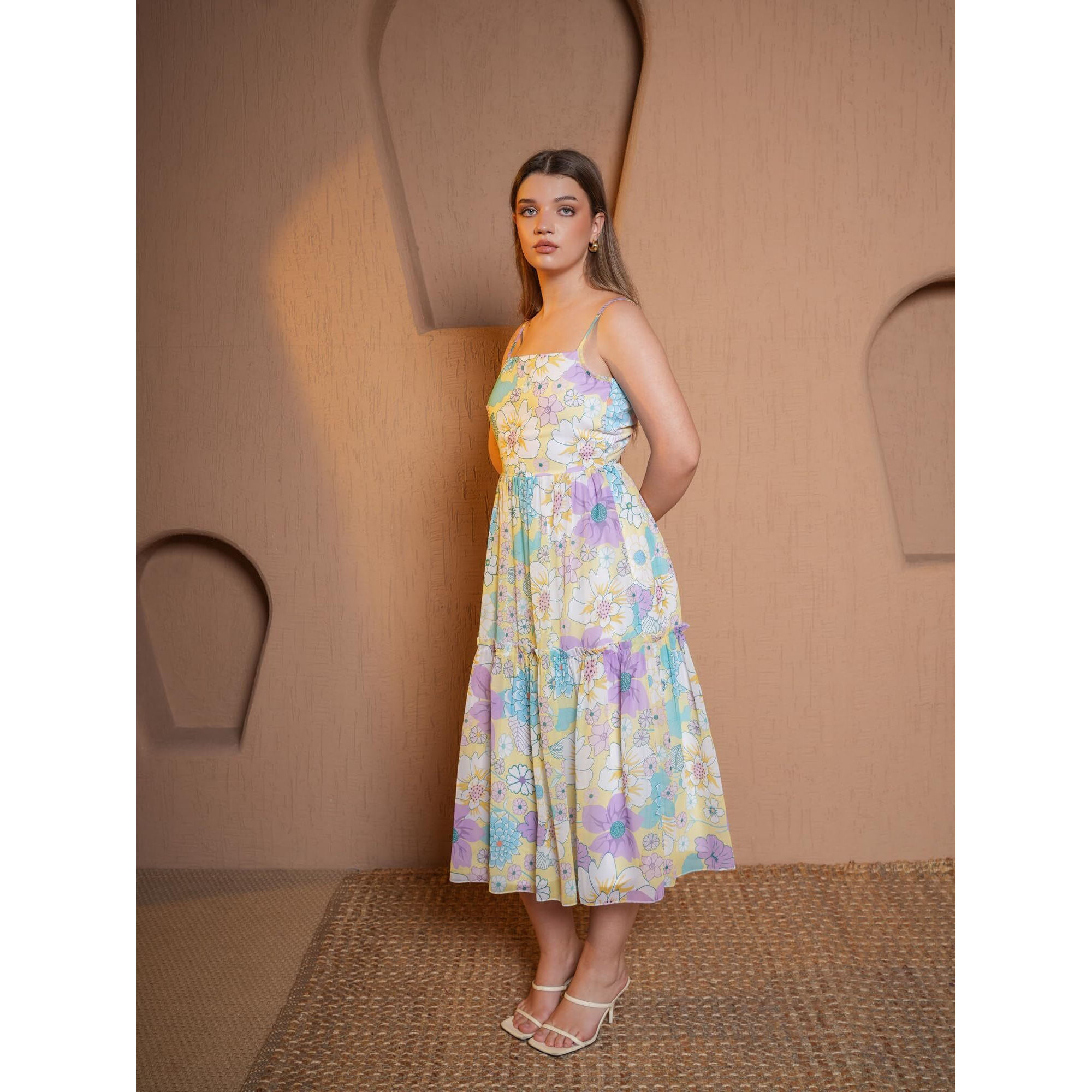 Purvaja Womens Fit & Flare Below Knee Length Dress (Floe-005_Yellow_X-Large)