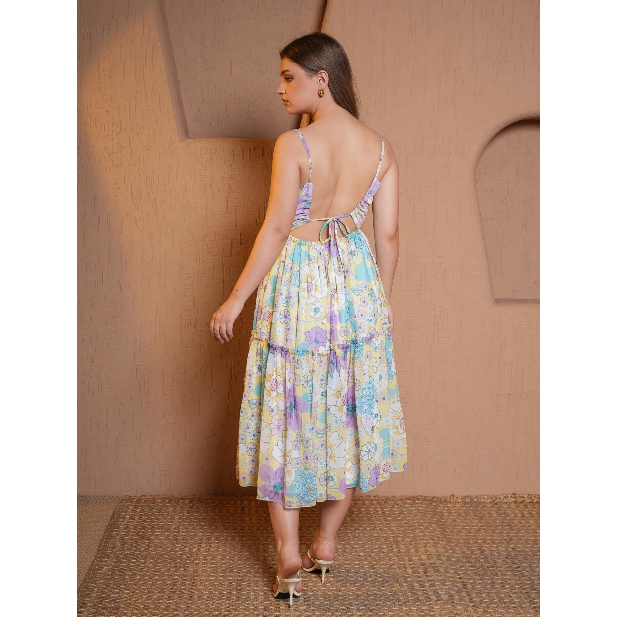 Purvaja Womens Fit & Flare Below Knee Length Dress (Floe-005_Yellow_X-Large)