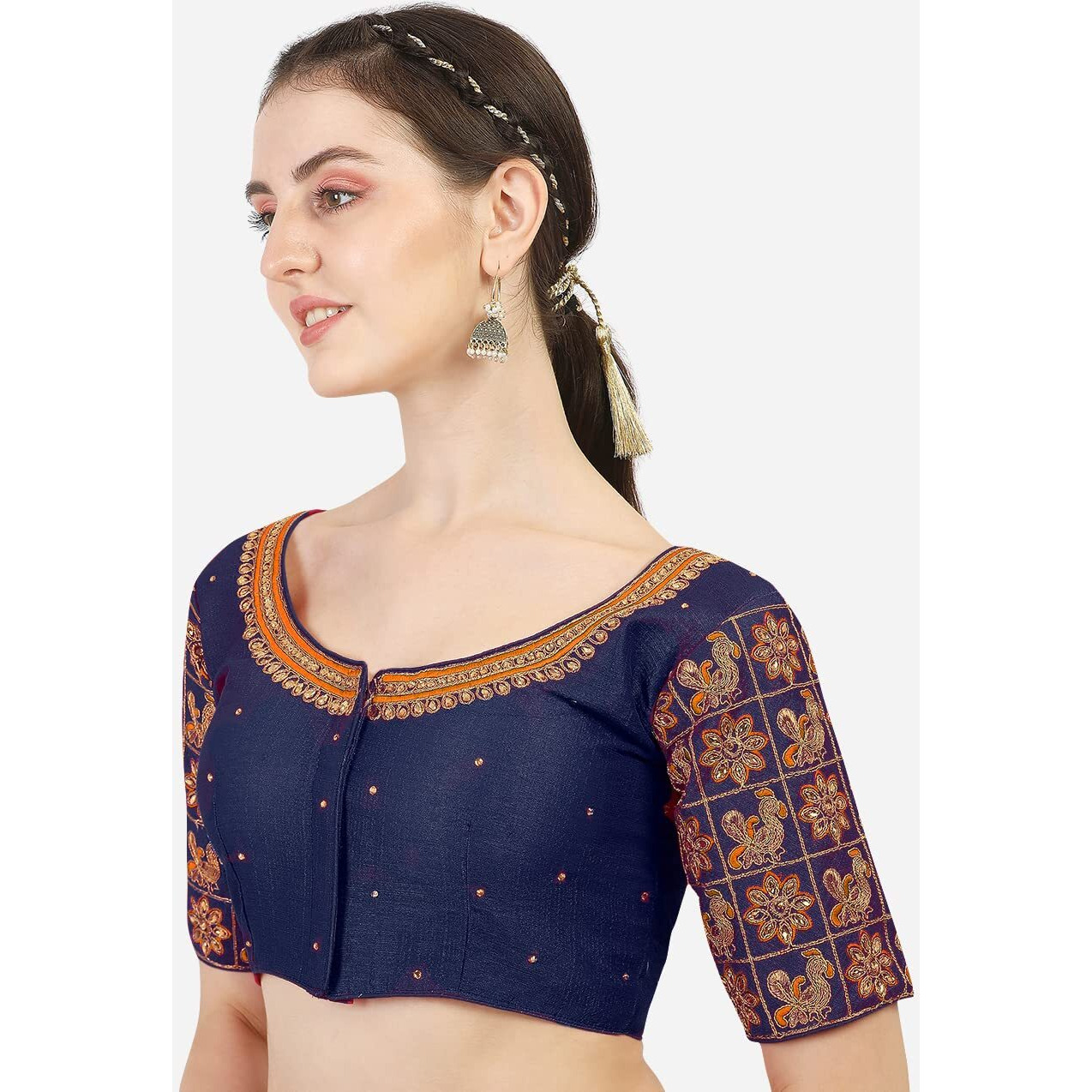 Vihu Fashion Women's Silk Floral Half Sleeve Readymade Blouse (Navy Blue Mayura - Blouse 38_Navy Blue_38)