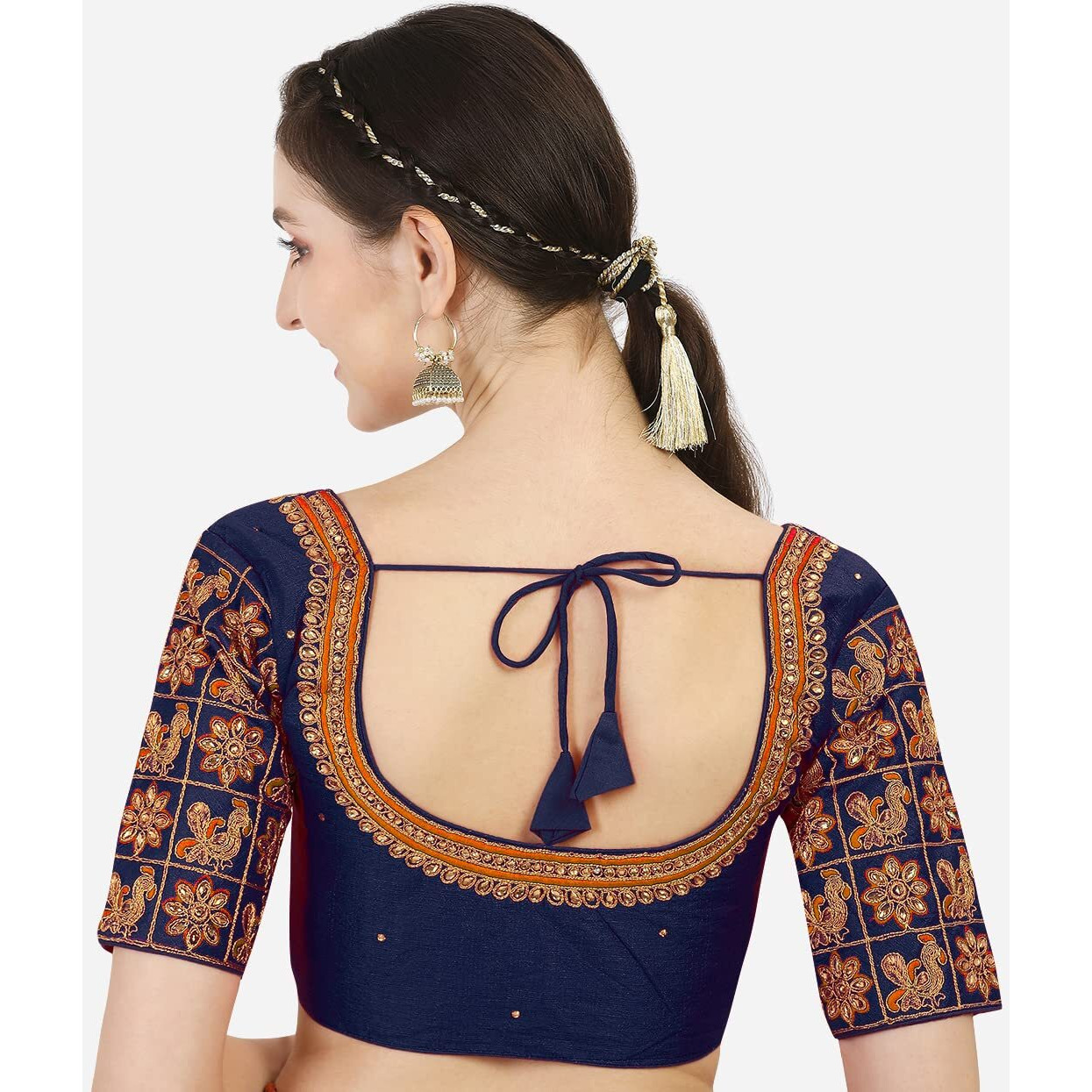 Vihu Fashion Women's Silk Floral Half Sleeve Readymade Blouse (Navy Blue Mayura - Blouse 38_Navy Blue_38)