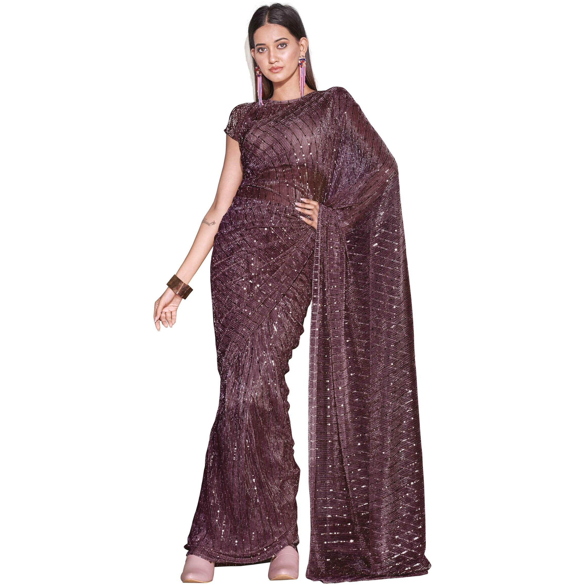 Womanista Women's Women Ready To Wear Saree Ll Women Lycra Saree Ll Women Pre Draped Saree Ll Women One Minute Saree Ll Un-Stitched Blouse Saree