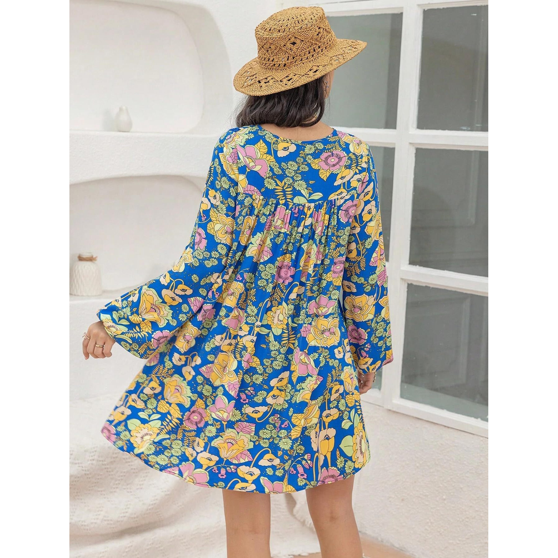 Smowkly Floral Print Bishop Sleeve Smock Dress 1246_Bl_L Blue