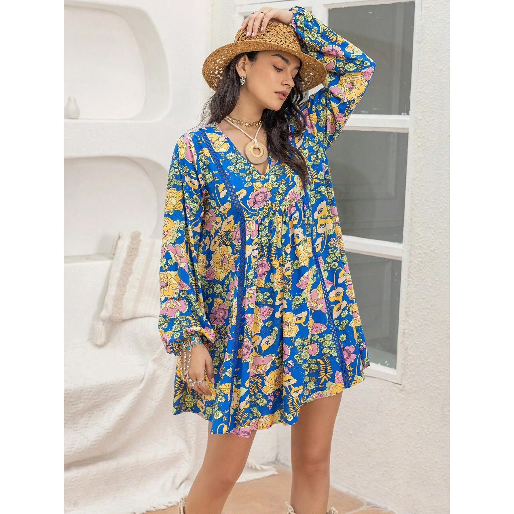 Smowkly Floral Print Bishop Sleeve Smock Dress 1246_Bl_L Blue