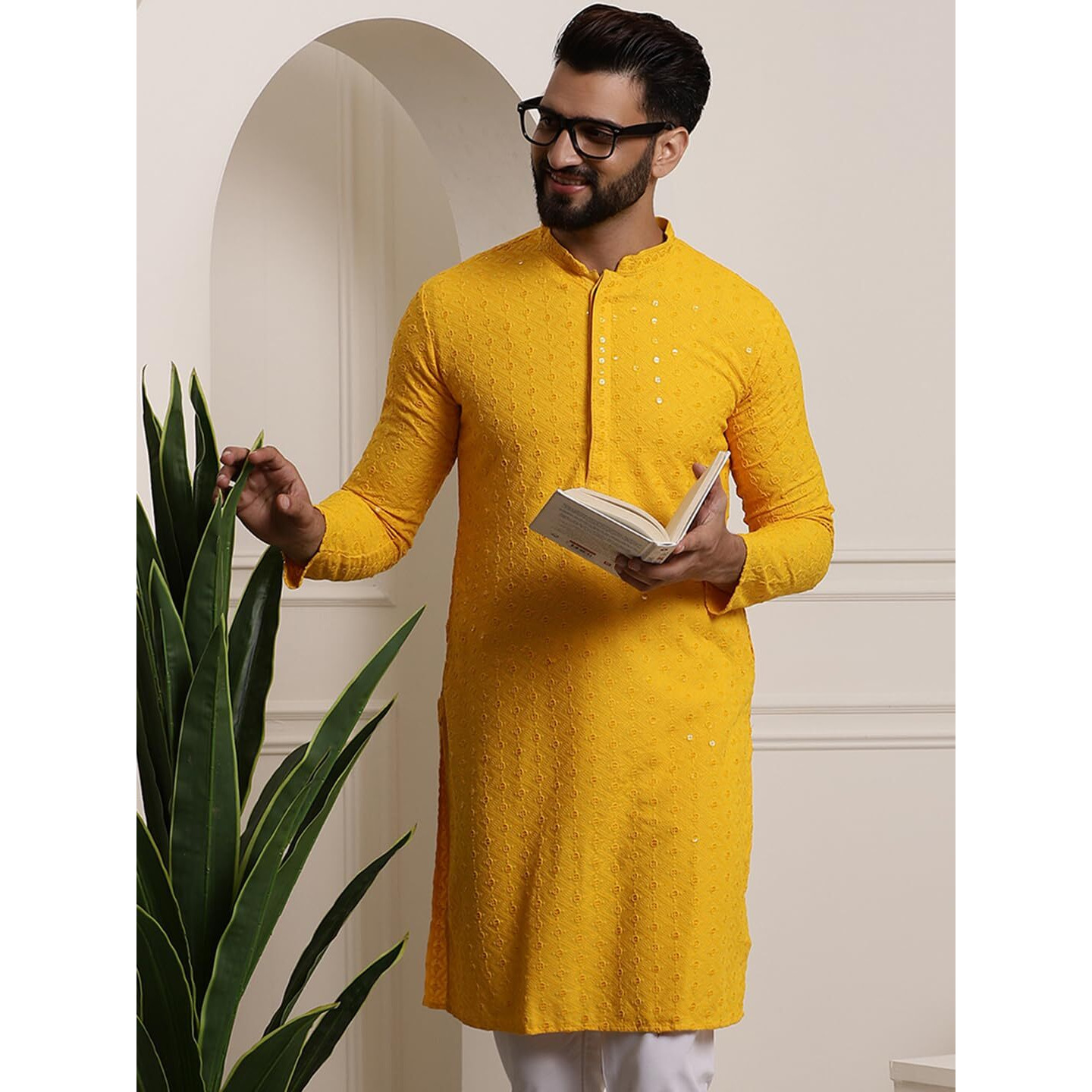 Sojanya (Since 1958 Men's Pure Cotton Mustard Sequence Long Kurta