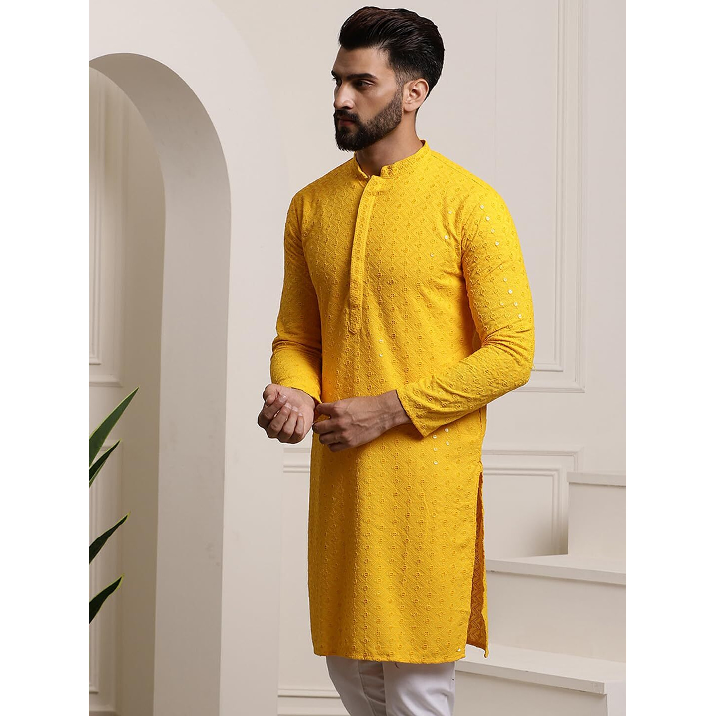 Sojanya (Since 1958 Men's Pure Cotton Mustard Sequence Long Kurta
