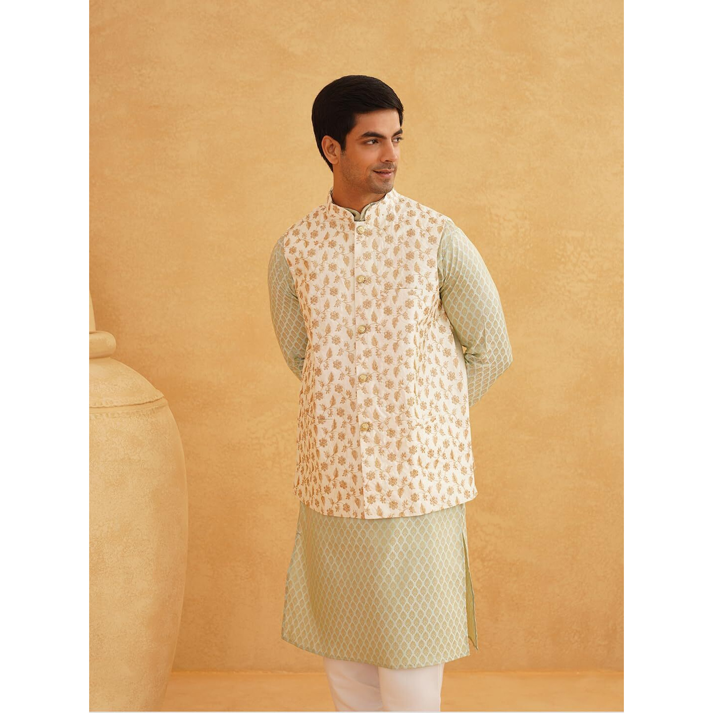 Sojanya Classic Men's Silk Blend Kurta Set With Embroidered Nehru Jacket & Churidar  Since 1958