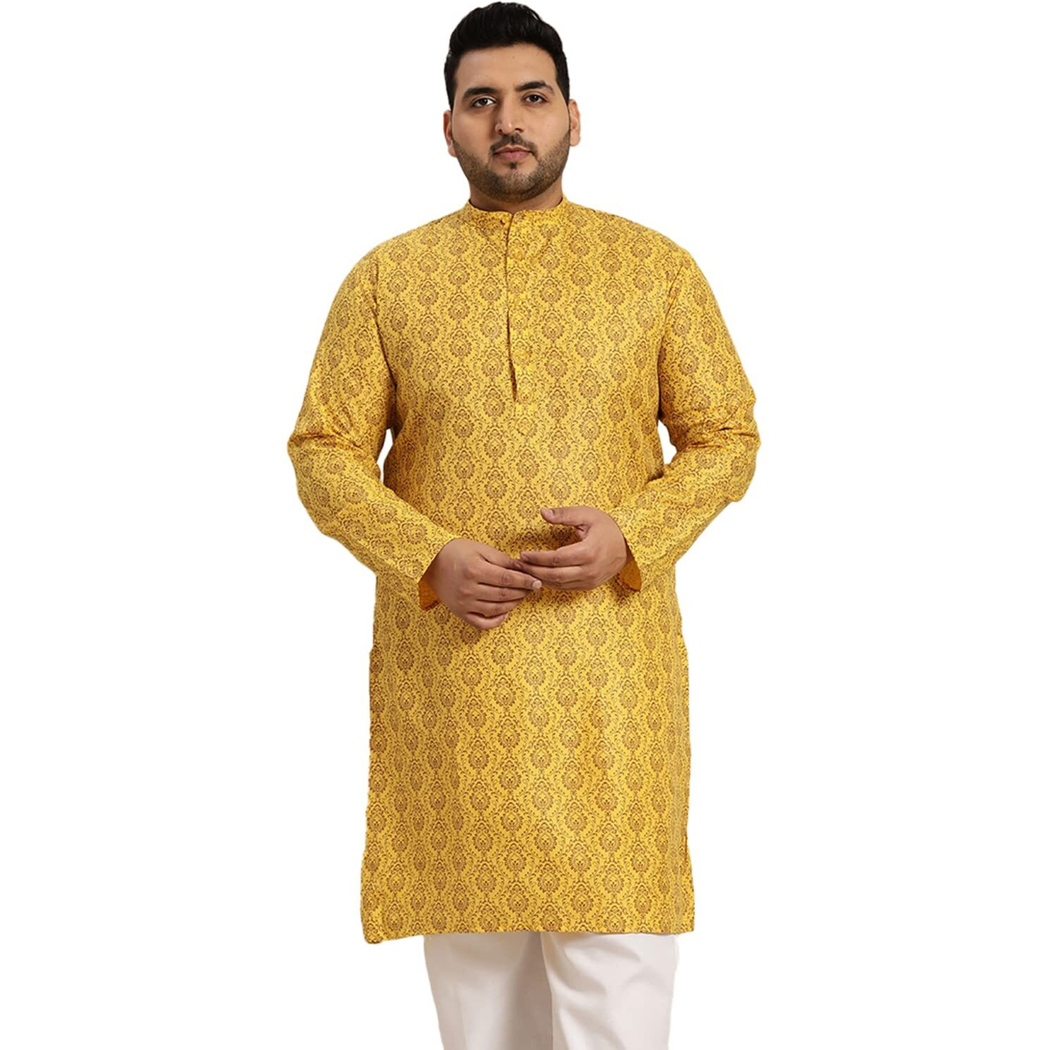 Sojanya Plus (Since 1958) Men's Cotton Blend Mustard Printed Only Long Kurta