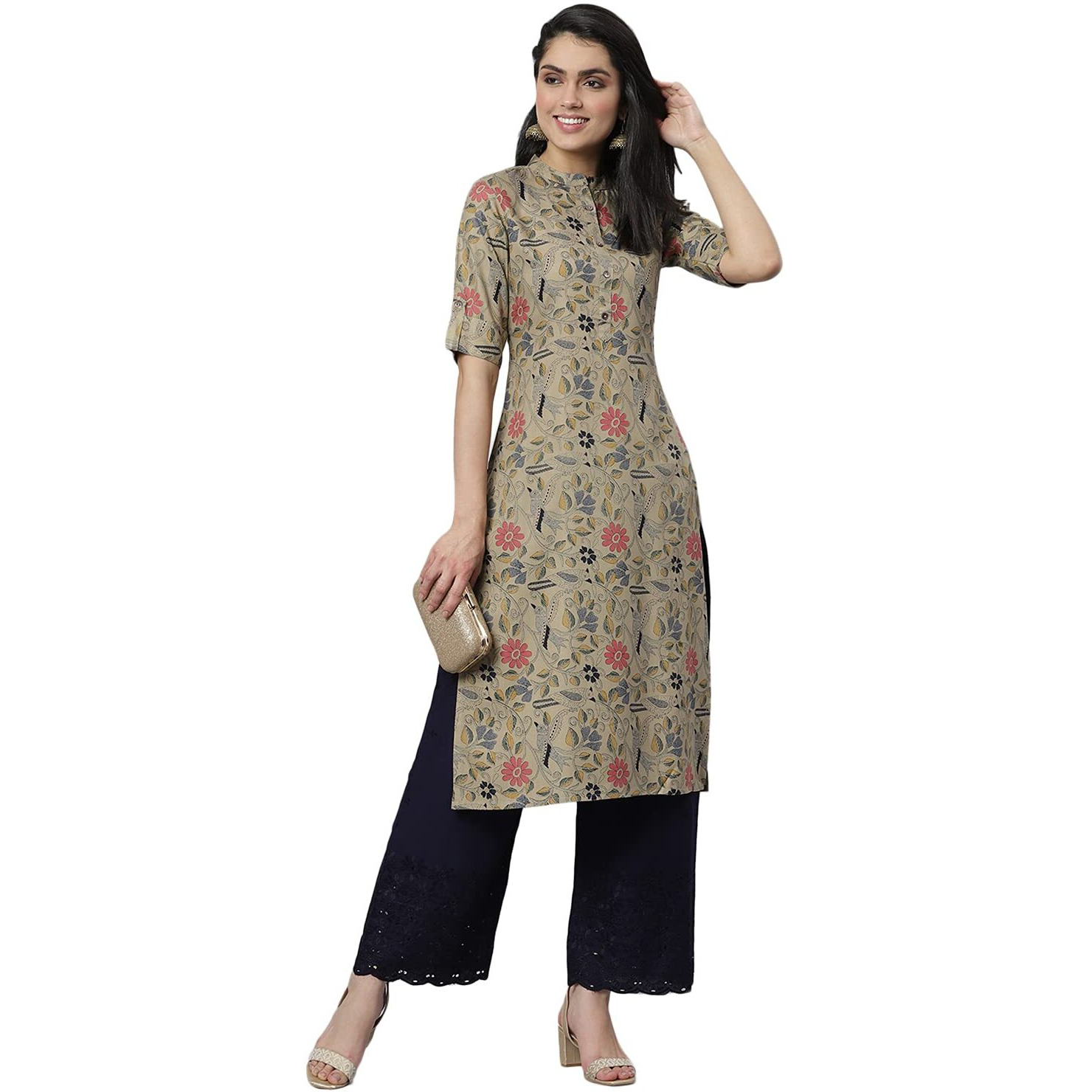 Stylum Women's Floral Printed Rayon A-Line Kurta (Mairabeige42_Beige, Xl)