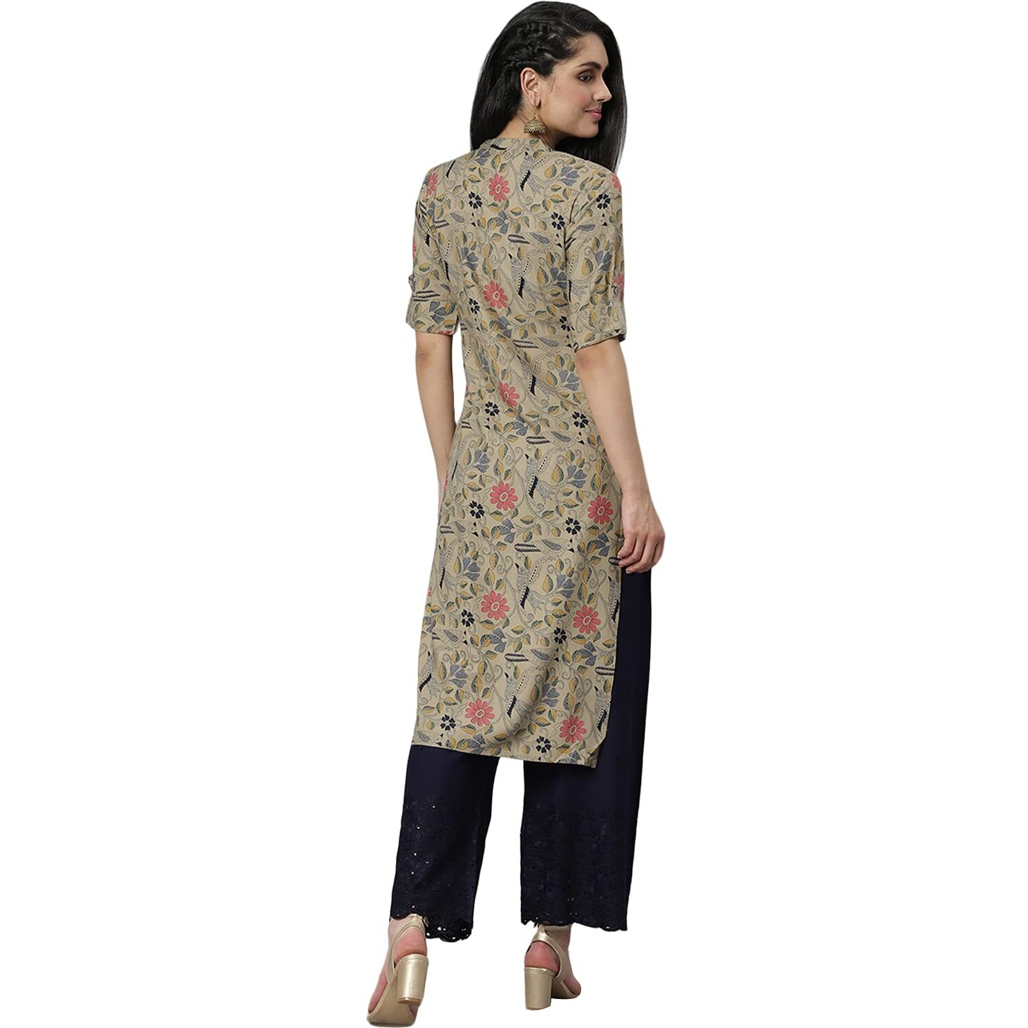 Stylum Women's Floral Printed Rayon A-Line Kurta (Mairabeige42_Beige, Xl)