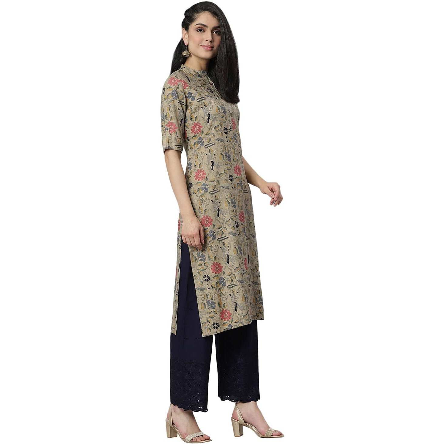 Stylum Women's Floral Printed Rayon A-Line Kurta (Mairabeige42_Beige, Xl)