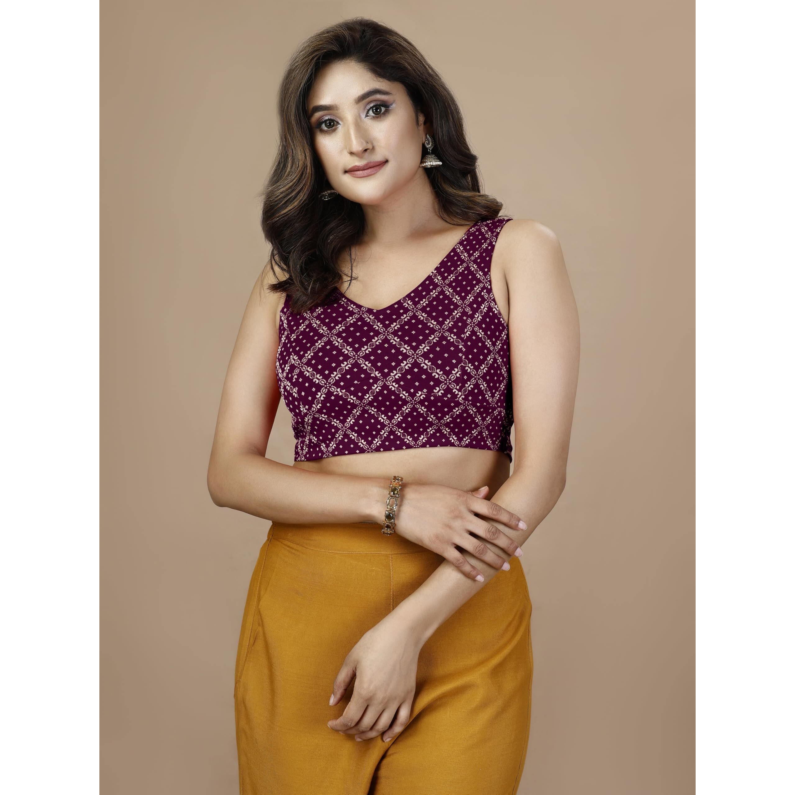 Oomph Women's Indian Ethnic Wear Designer Bandhani Pattern Zari Work Spoon Neck Sleeveless Aubergine Purple Color Lycra Readymade Blouse For Saree Or Lehnga And Fusion Twist. M