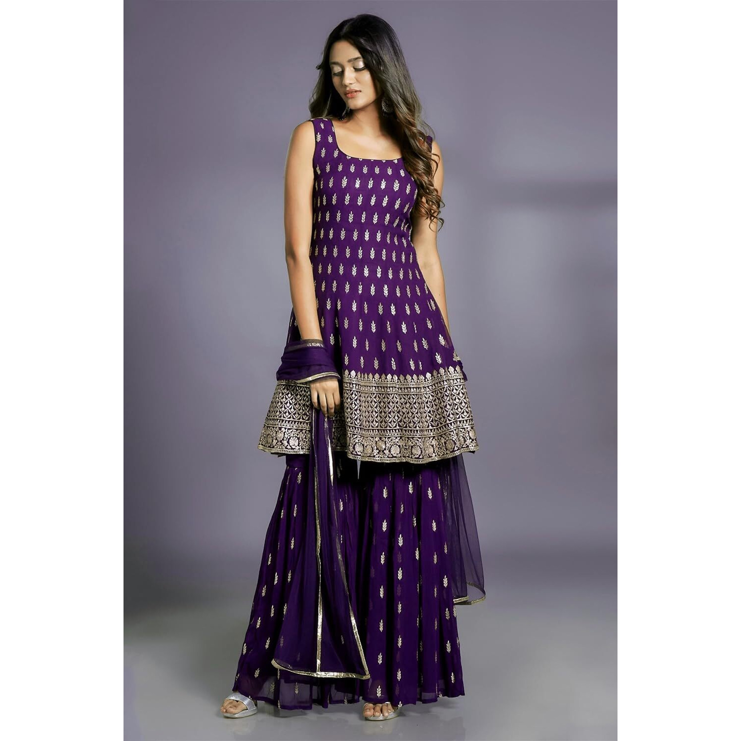 Xomantic Fashion Georgette Women's Embroiderd Work Floral Navyblue Color Weding Wear Anarkali Kurta Sharara Set (Small, Purple)
