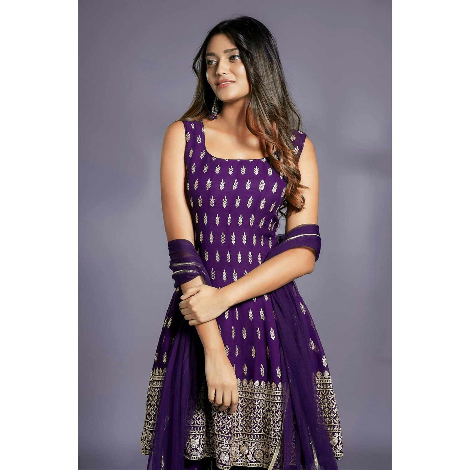 Xomantic Fashion Georgette Women's Embroiderd Work Floral Navyblue Color Weding Wear Anarkali Kurta Sharara Set (Small, Purple)