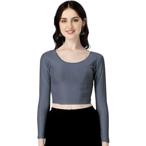 Shiv Textiles Round Neck Dobby Cotton Lycra Stretchable Elbow Sleeve Readymade Saree Blouse For Women Stylish (Greyover Size Full Sleeve)