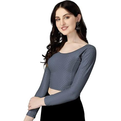 Shiv Textiles Round Neck Dobby Cotton Lycra Stretchable Elbow Sleeve Readymade Saree Blouse For Women Stylish (Greyover Size Full Sleeve)