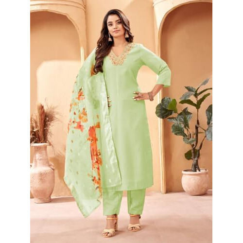 Smowkly Women's Cotton Blend Floral Regular Kurta Pant Dupatta Set (1587Sm_Pista Green_3Xl)