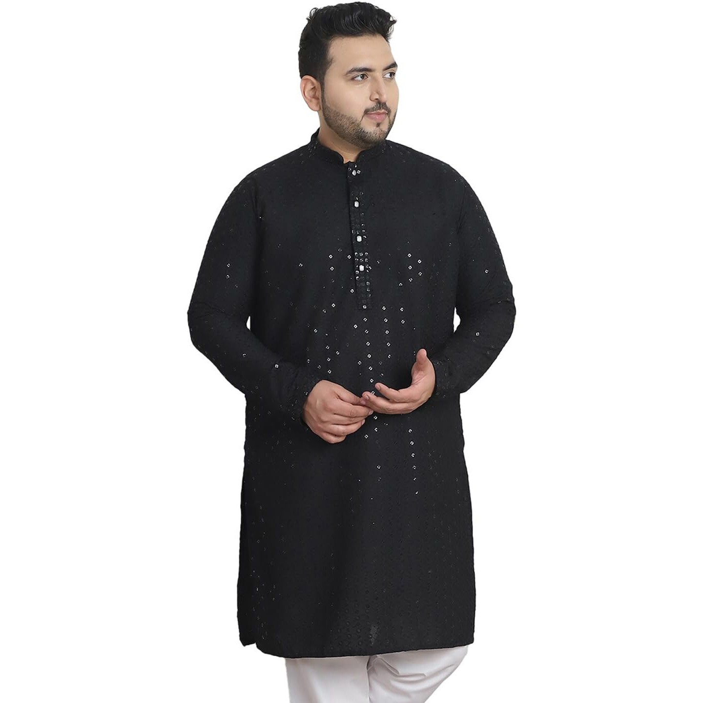 Sojanya Plus (Since 1958) Men's Cotton Sequinned Embroidered Black Long Kurta