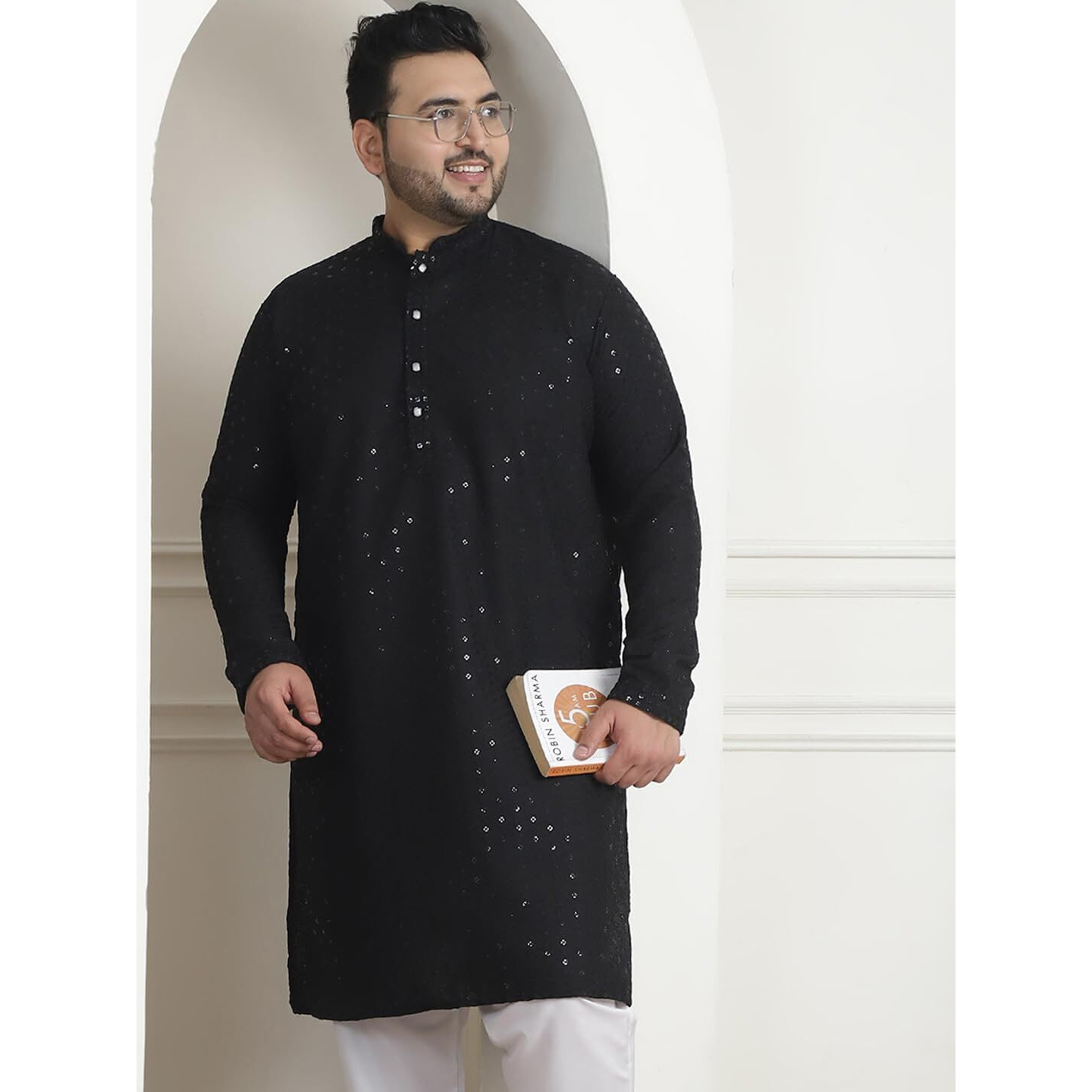 Sojanya Plus (Since 1958) Men's Cotton Sequinned Embroidered Black Long Kurta