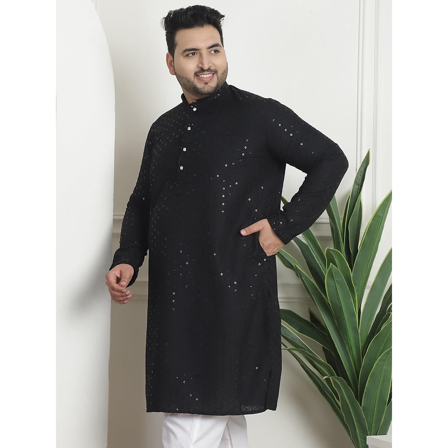 Sojanya Plus (Since 1958) Men's Cotton Sequinned Embroidered Black Long Kurta