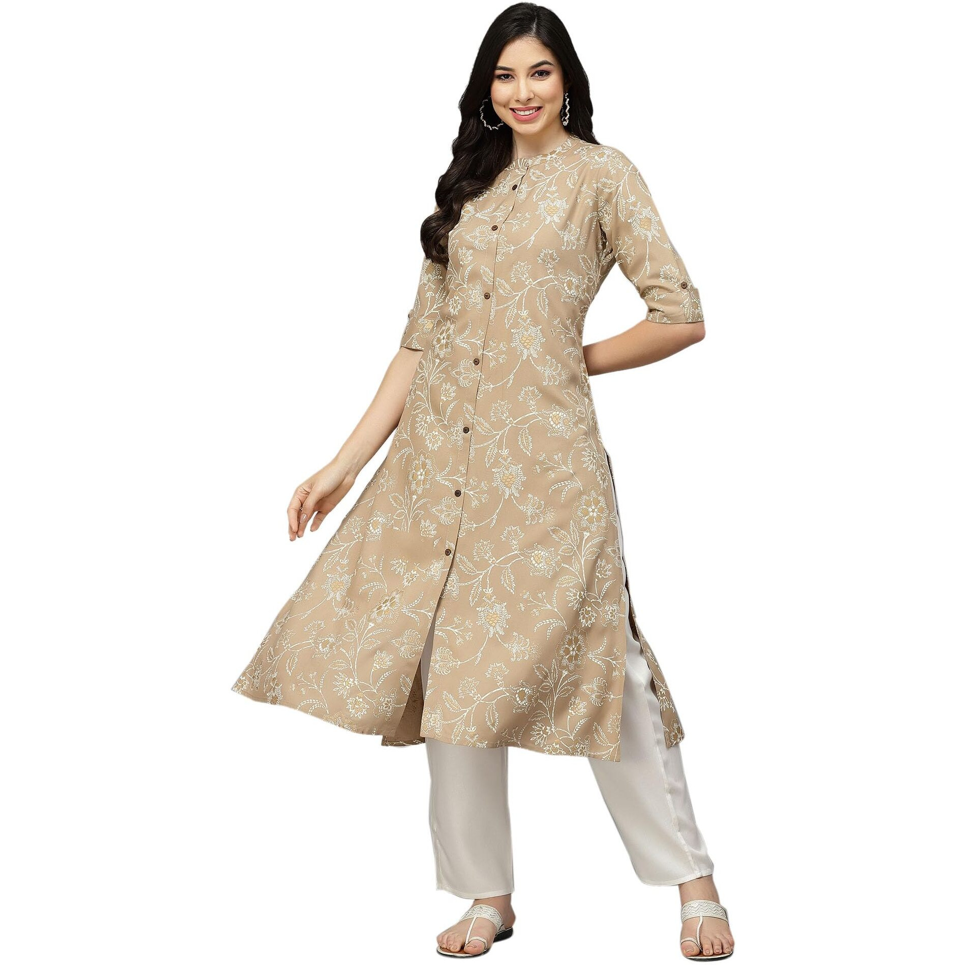 Stylum Women's Floral Print Rayon A-Line Kurta (Fionabeige42_Beige, Xl)