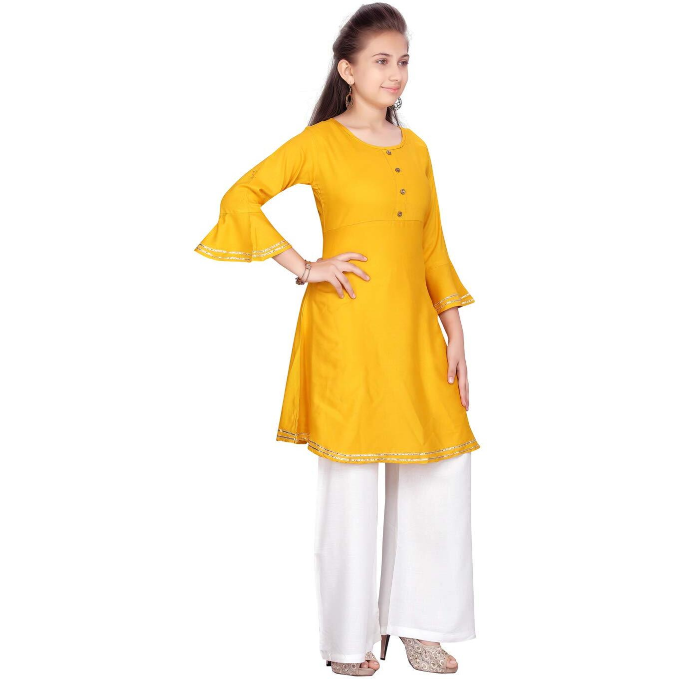 Aarika Girl's Cotton Kurti Palazzo Set (Pl-A-13_Yellow-White_38)