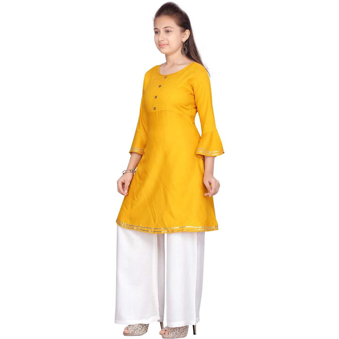 Aarika Girl's Cotton Kurti Palazzo Set (Pl-A-13_Yellow-White_38)