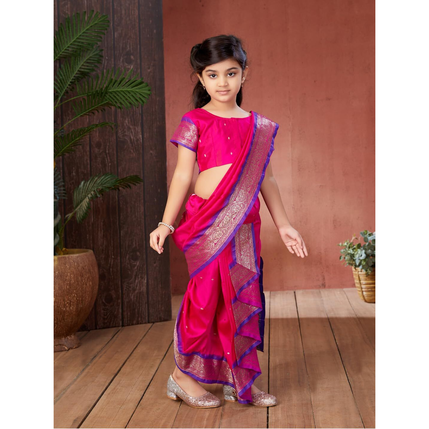 Aarika Girls Ethnic Wear Rani Colour Mastani Silk Saree (3-9 Years)