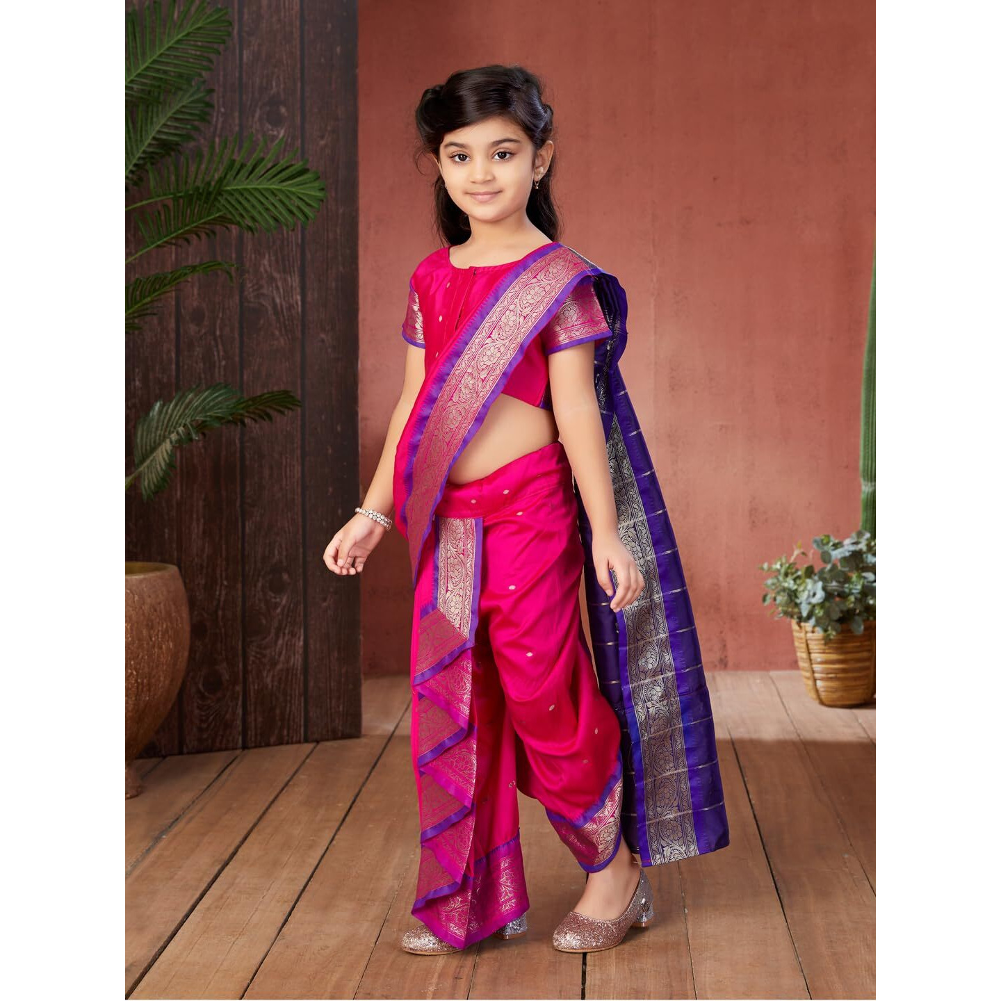 Aarika Girls Ethnic Wear Rani Colour Mastani Silk Saree (3-9 Years)