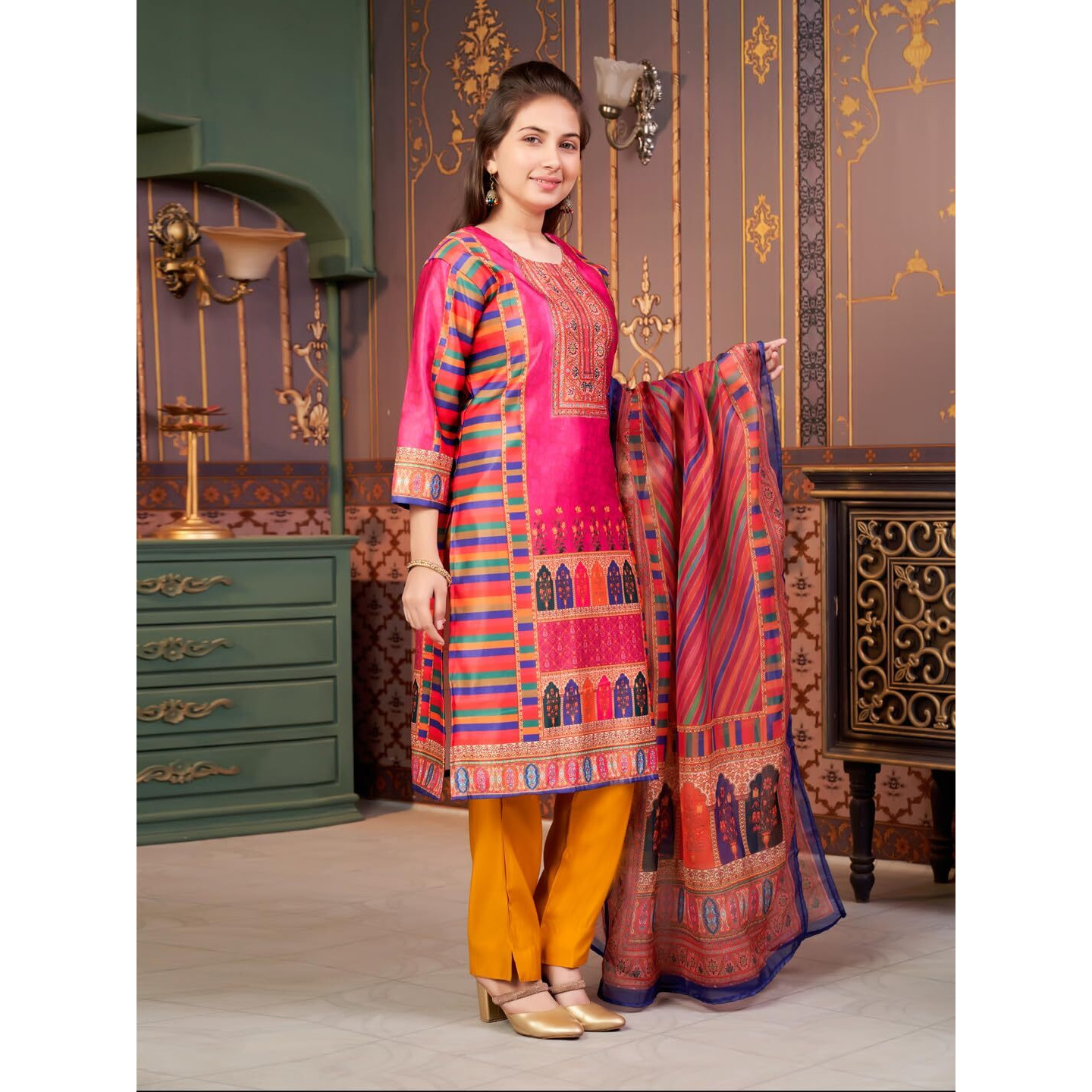 Aarika Girls Ethnic Wear Rani-Mustard Colour Abstract Embalished Satin Kurti Pant Set-8-15 Years (Kp-Tr-K-1042)