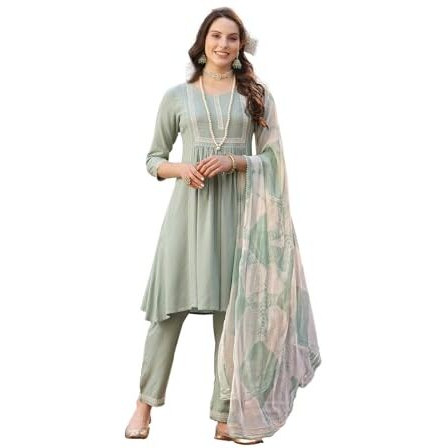 Stylum Women's Solid Rayon A-Line Kurta Pant Dupatta Set (Kpdgreenmegha40_Pista Green, L)